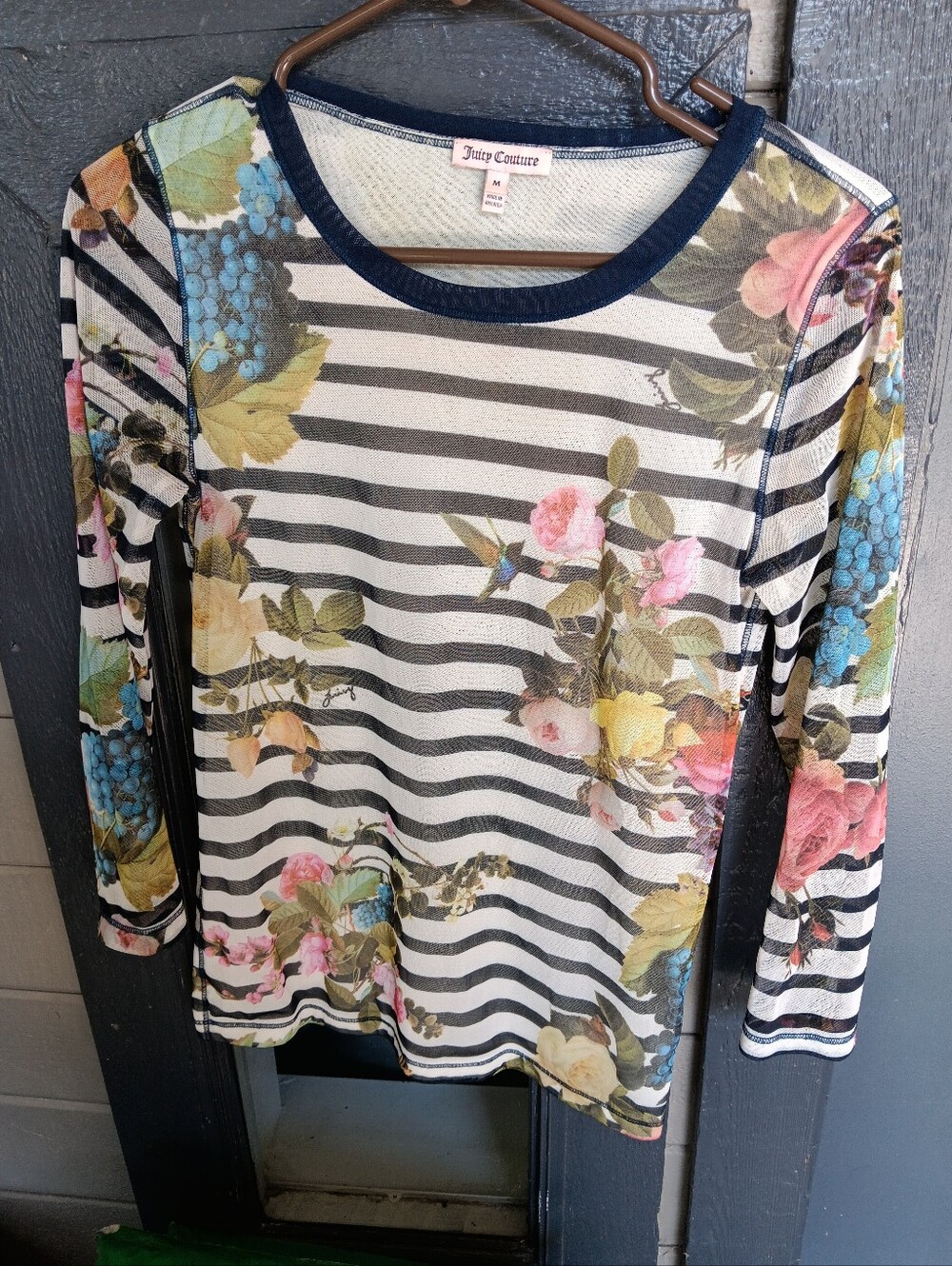 Vintage Y2K Juicy Couture Mesh Hummingbird Long Sleeve Blouse Size M USA